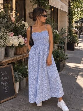 H&M Light Blue Floral Smocked Midi Dress
